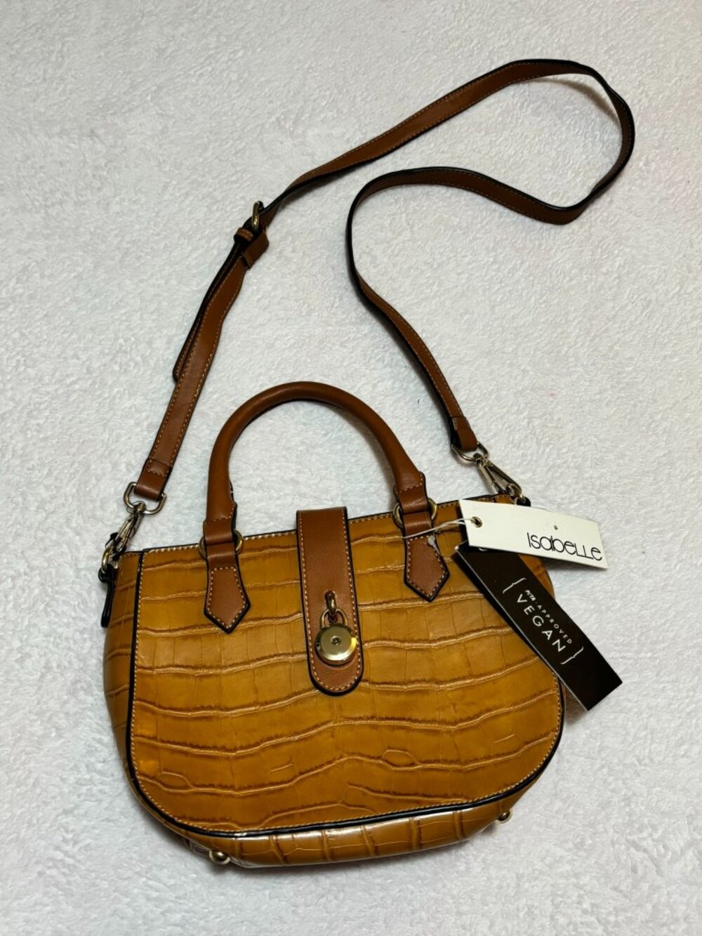 NWT Isabelle Cognac Brown Croc Embossed Vegan Leather Crossbody Satchel Bag